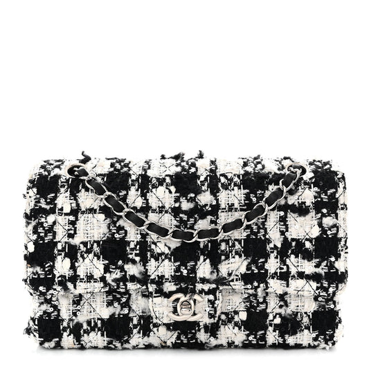 Tweed Sequin Quilted Medium Double Flap Black White