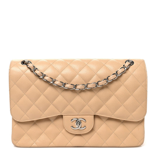 Caviar Quilted Jumbo Double Flap Beige