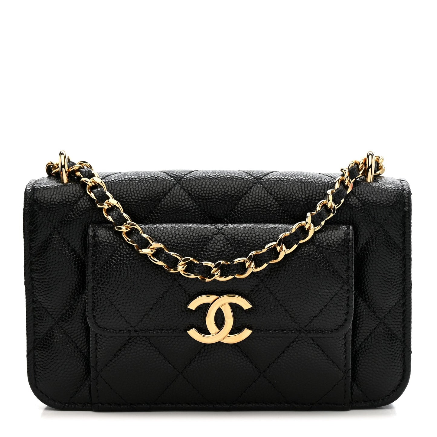 Caviar Quilted Pocket Twins Clutch With Chain Black