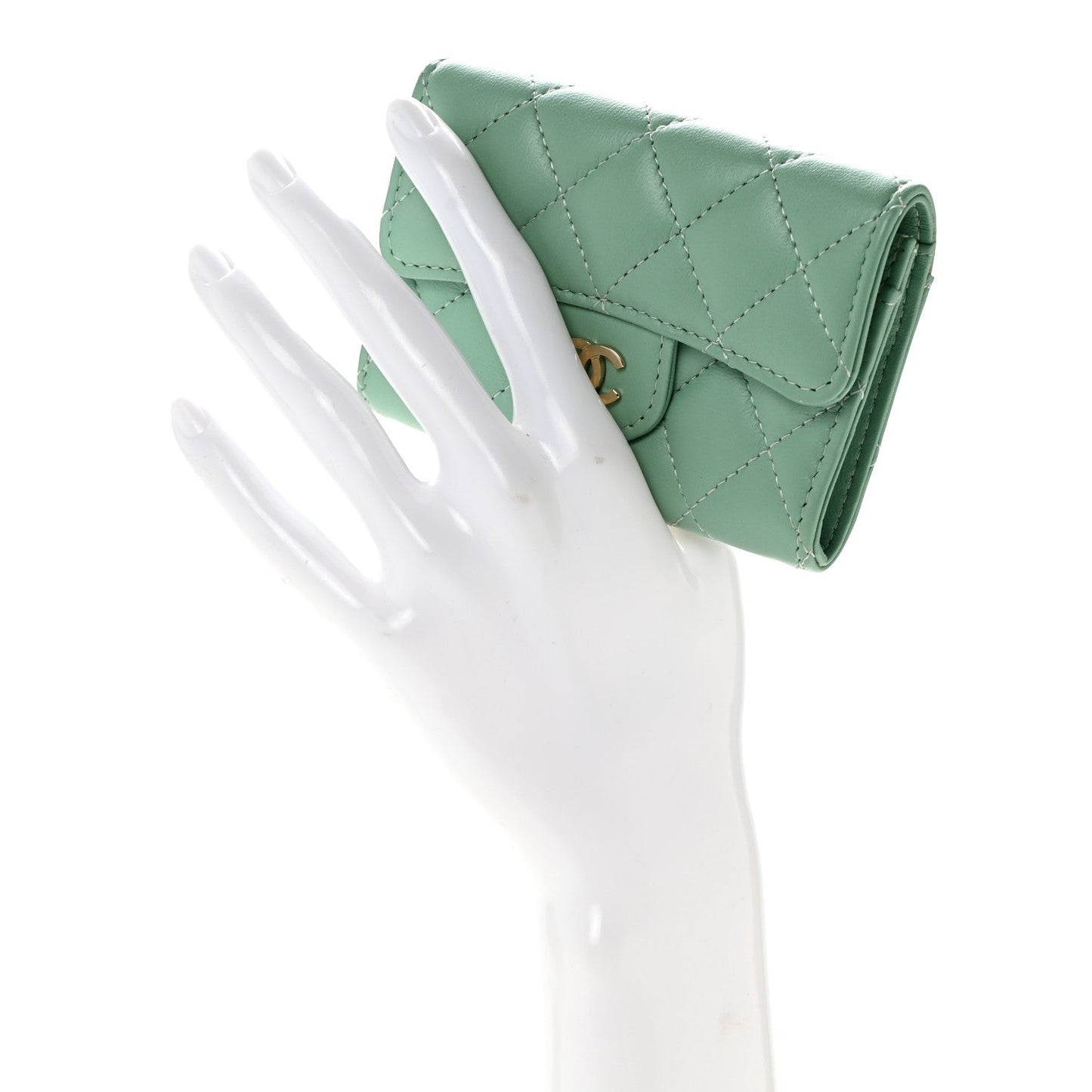 Lambskin Quilted Flap Card Holder Wallet Green