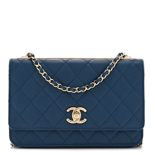 Lambskin Quilted Trendy CC Wallet On Chain WOC Blue
