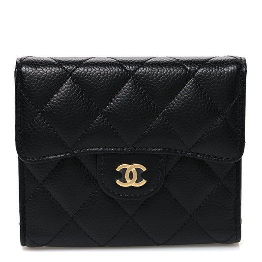 Caviar Quilted Compact Flap Wallet Black
