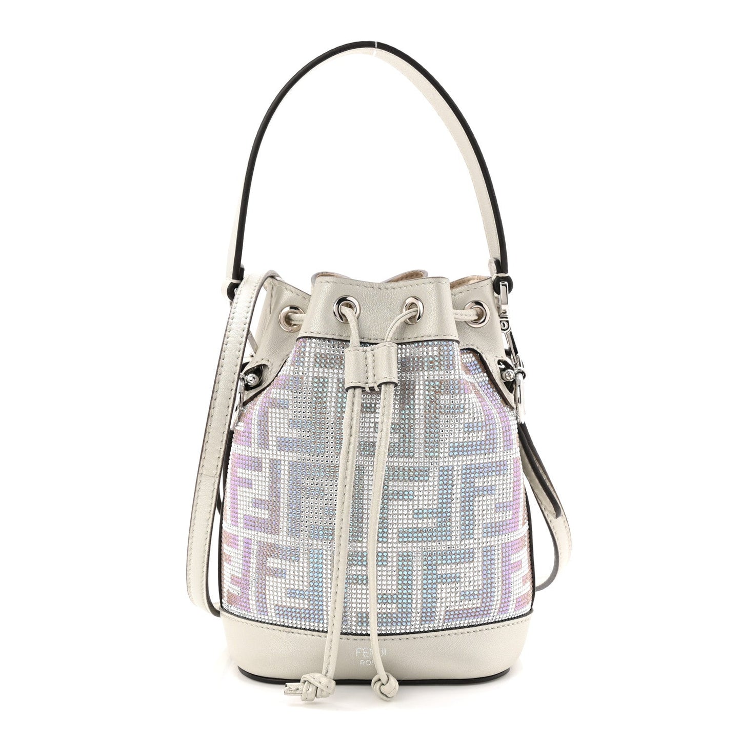Crystal Vitello Laminato FF Mini Mon Tresor Bucket Bag Crystal Argento