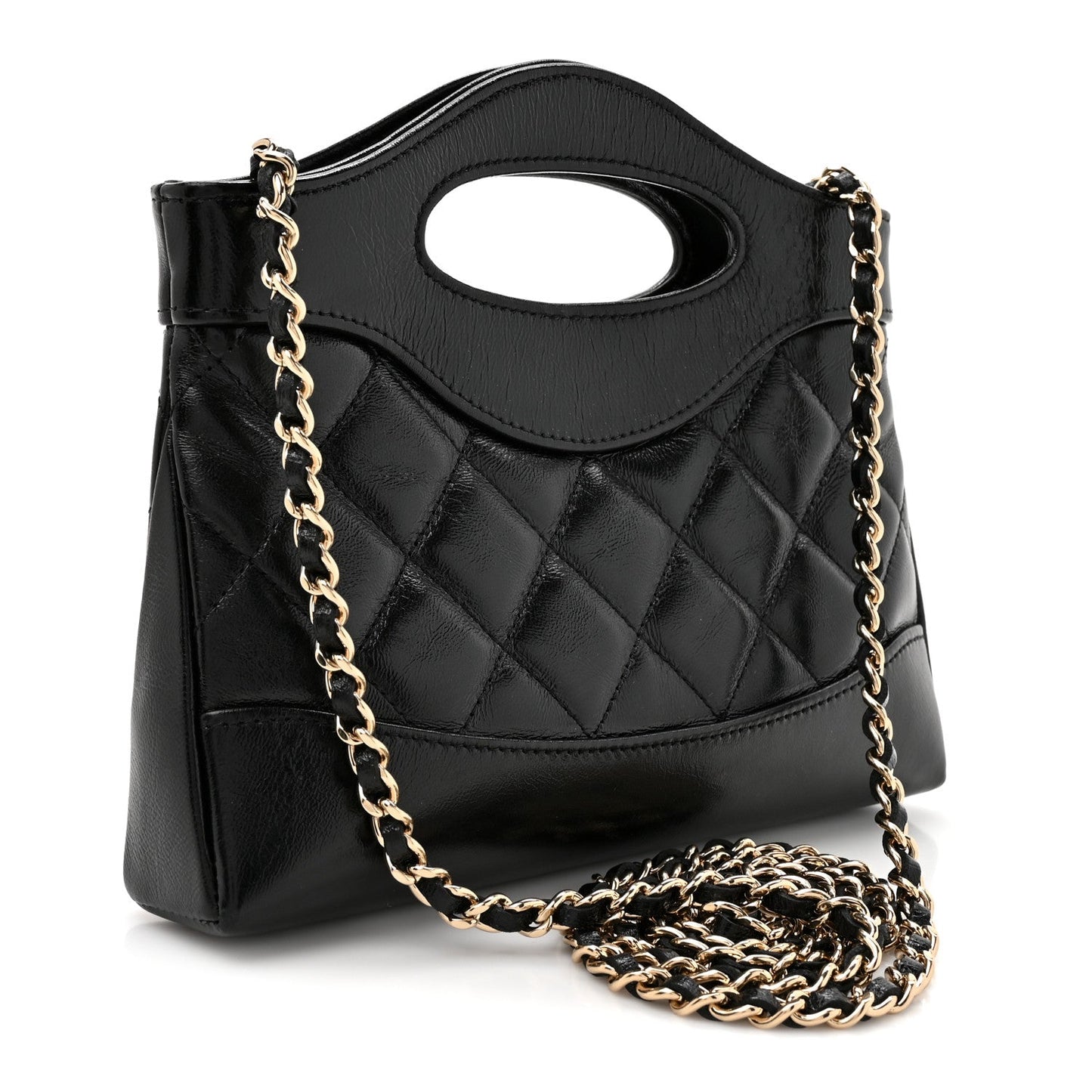 Shiny Crumpled Calfskin Quilted Nano 31 Shopping Bag Black