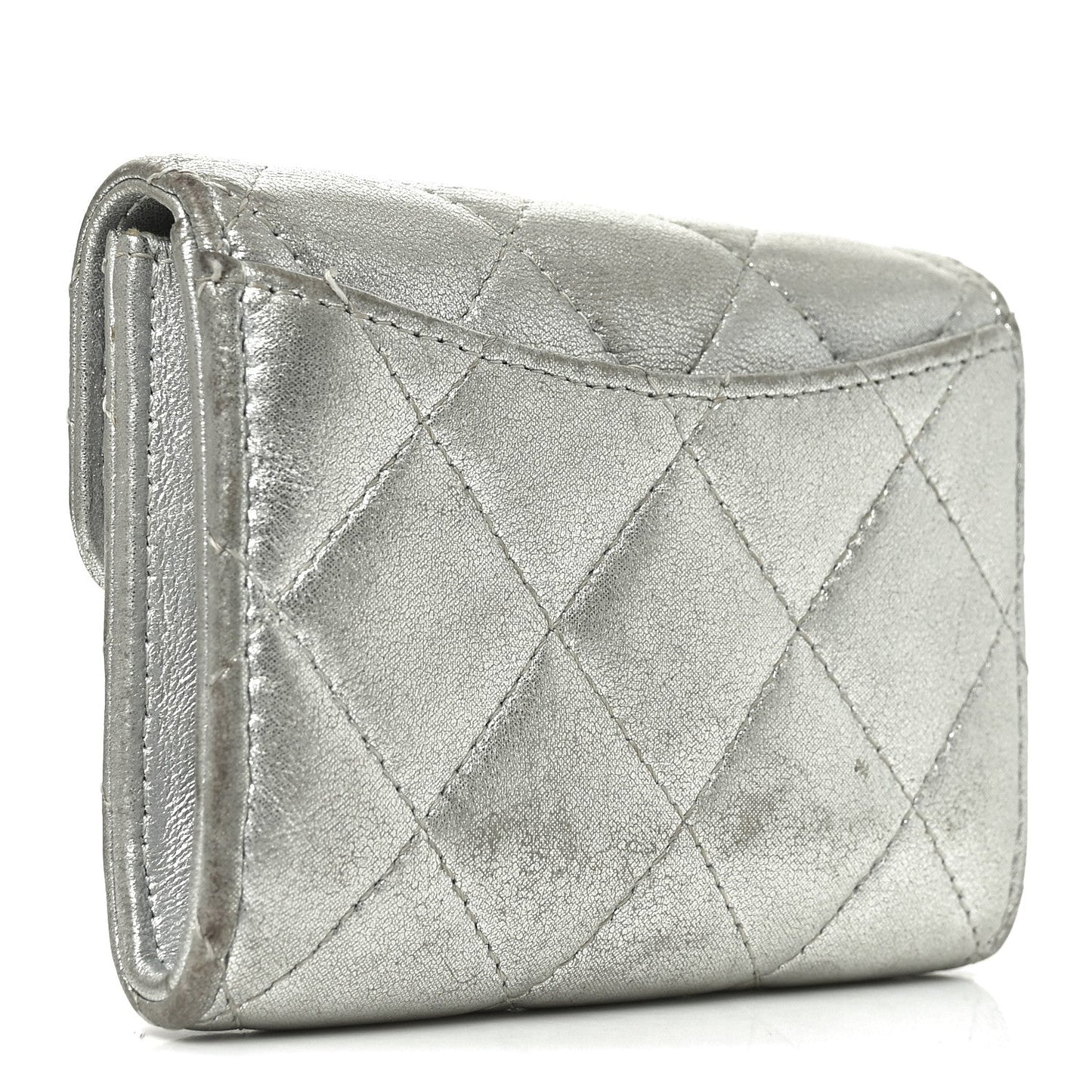 Metallic Lambskin Quilted Flap Card Holder Wallet Silver