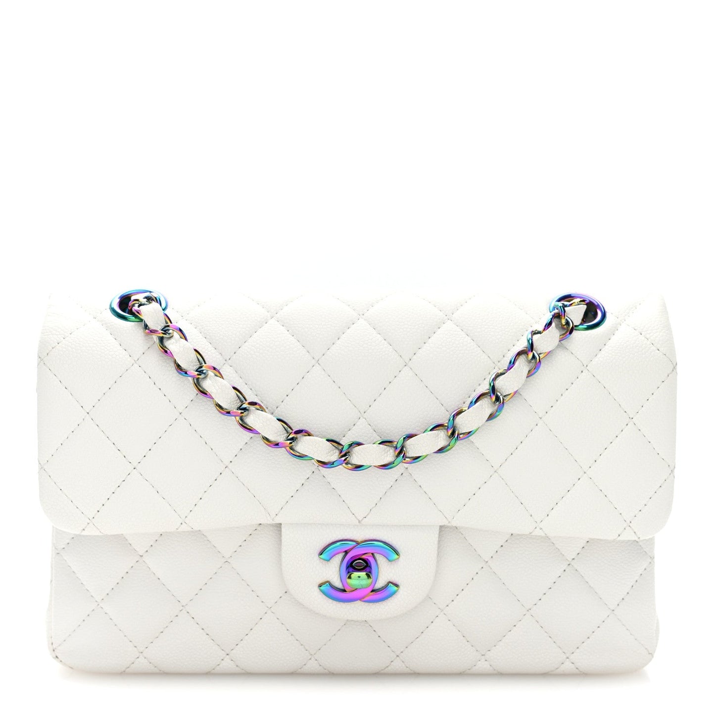 Caviar Quilted Rainbow CC Small Double Flap White