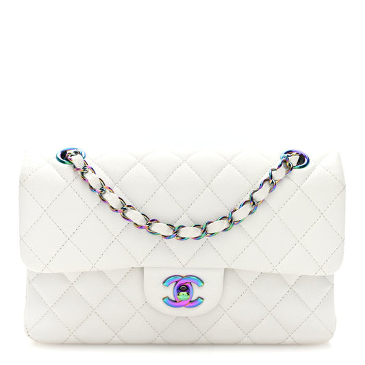 Caviar Quilted Rainbow CC Small Double Flap White