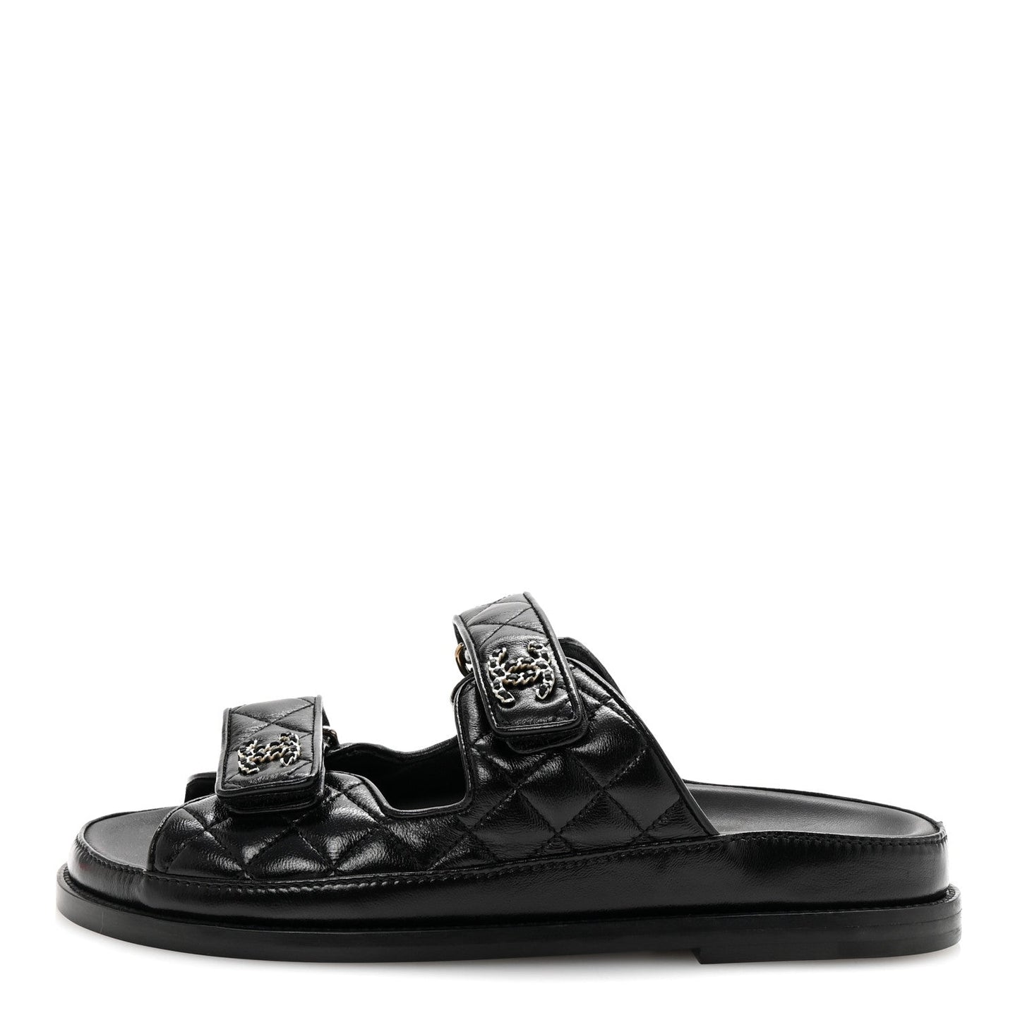 Lambskin Quilted Velcro Dad Chain CC Slide Sandals 38 Black
