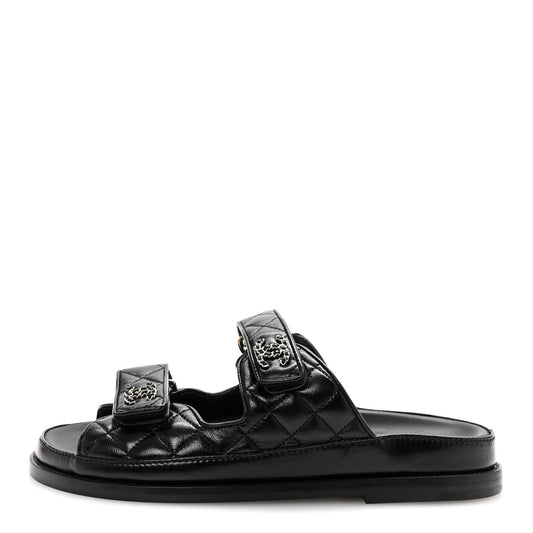 Lambskin Quilted Velcro Dad Chain CC Slide Sandals 38 Black