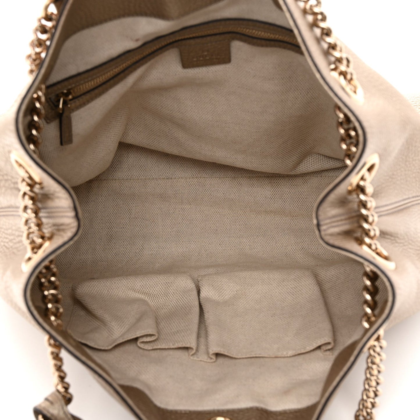 Metallic Pebbled Calfskin Medium Soho Chain Shoulder Bag Golden Beige