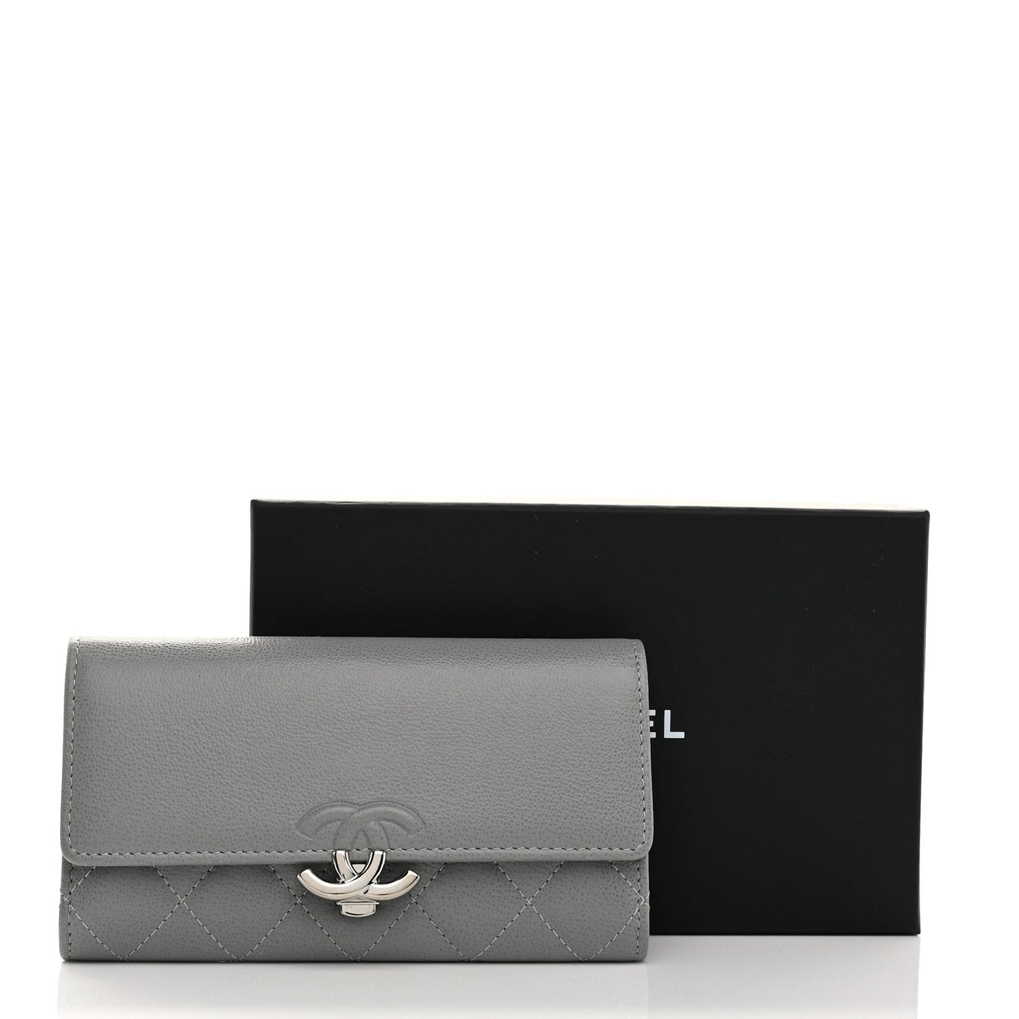 Grained Calfskin Quilted CC Box Flap Wallet Grey