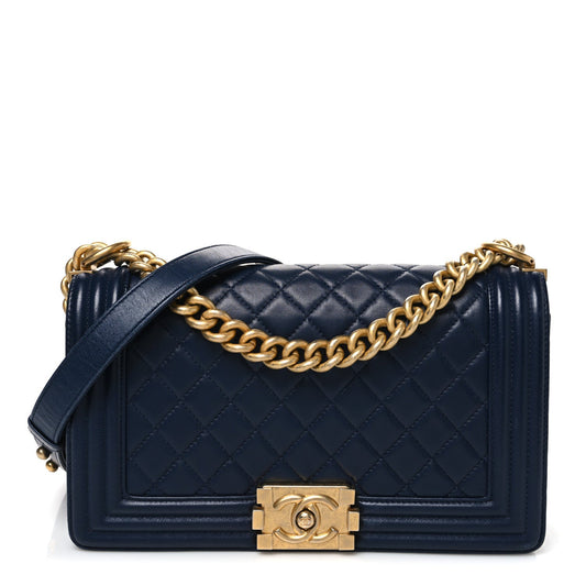 Lambskin Quilted Medium Boy Flap Dark Navy