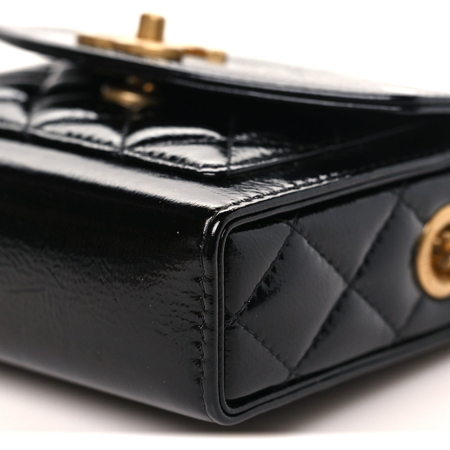 Shiny Lambskin Quilted Top Handle Card Holder On Chain Black