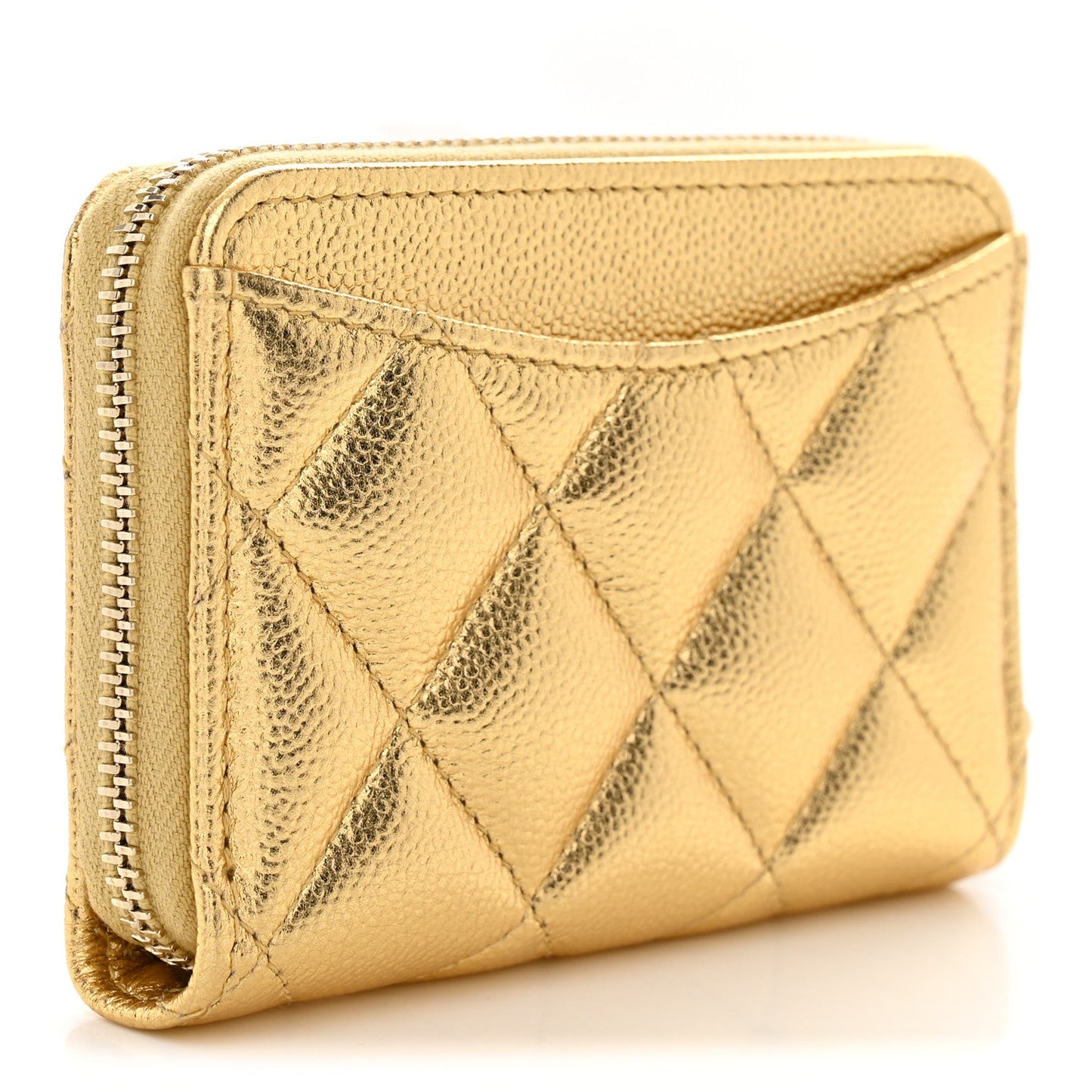 Metallic Caviar Quilted Zip Around Coin Purse Wallet  Gold