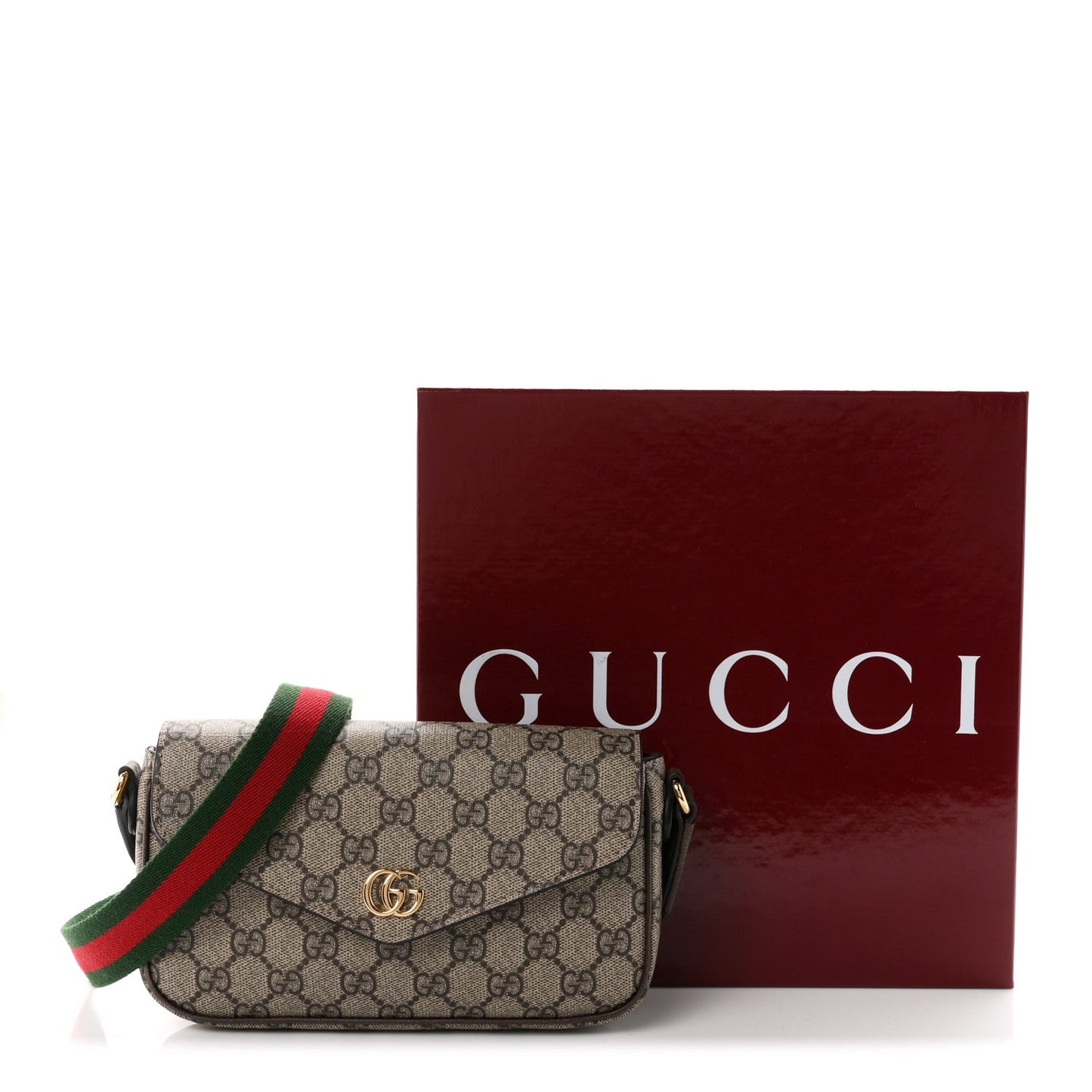 GG Supreme Monogram Textured Dollar Calfskin Web Mini Ophidia Envelope Shoulder Bag Beige Ebony