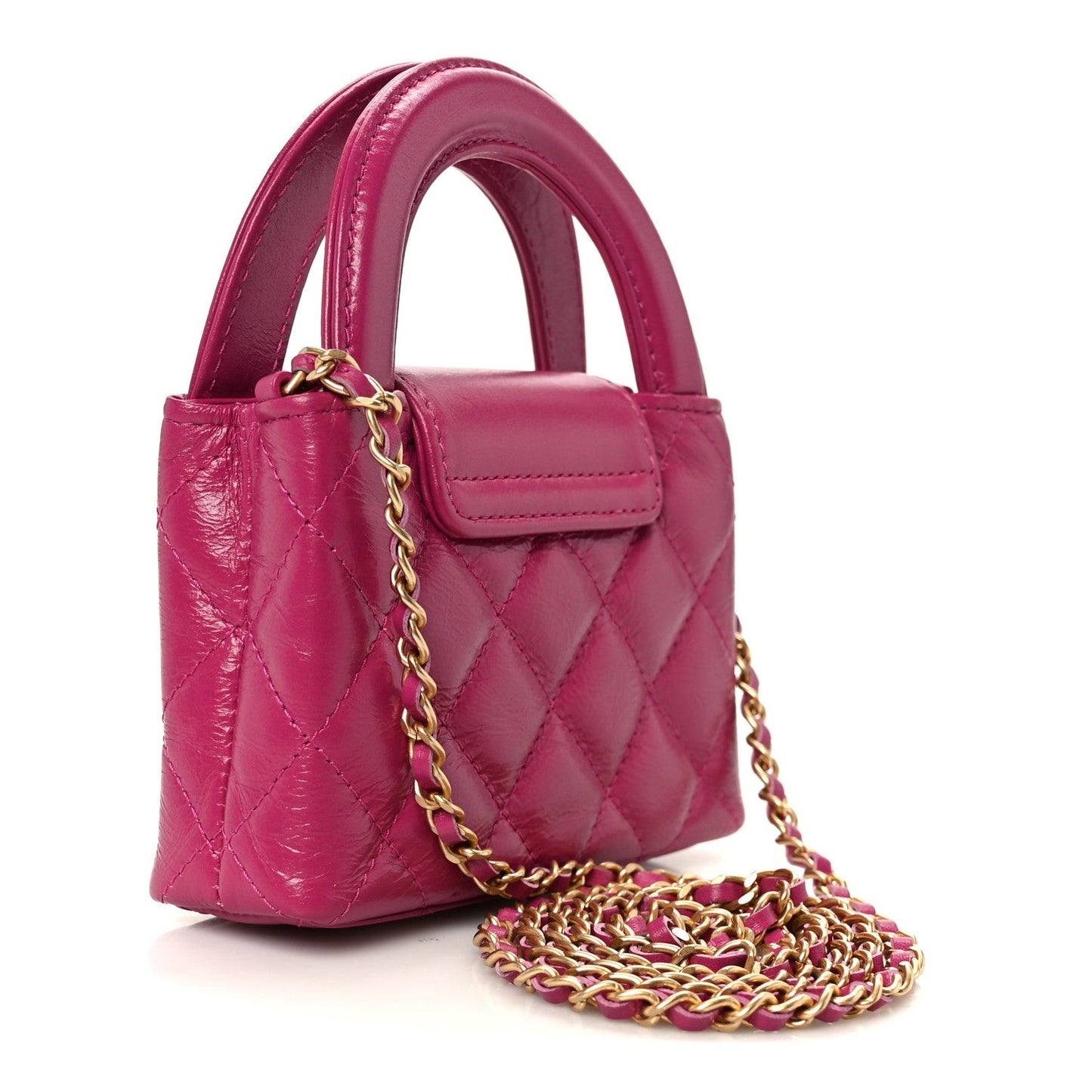Shiny Aged Calfskin Quilted Mini Nano Kelly Shopper Dark Pink