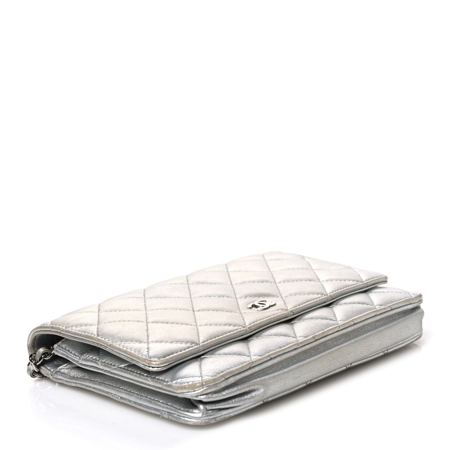 Metallic Lambskin Quilted Wallet On Chain WOC Silver