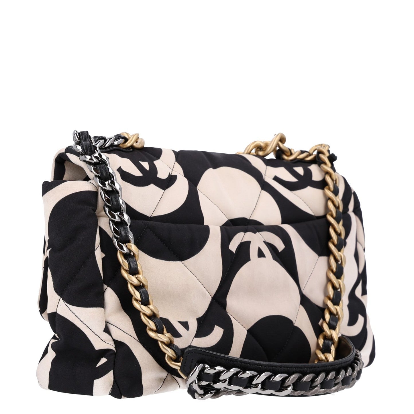 Fabric Printed Large Chanel 19 Flap Black Ecru