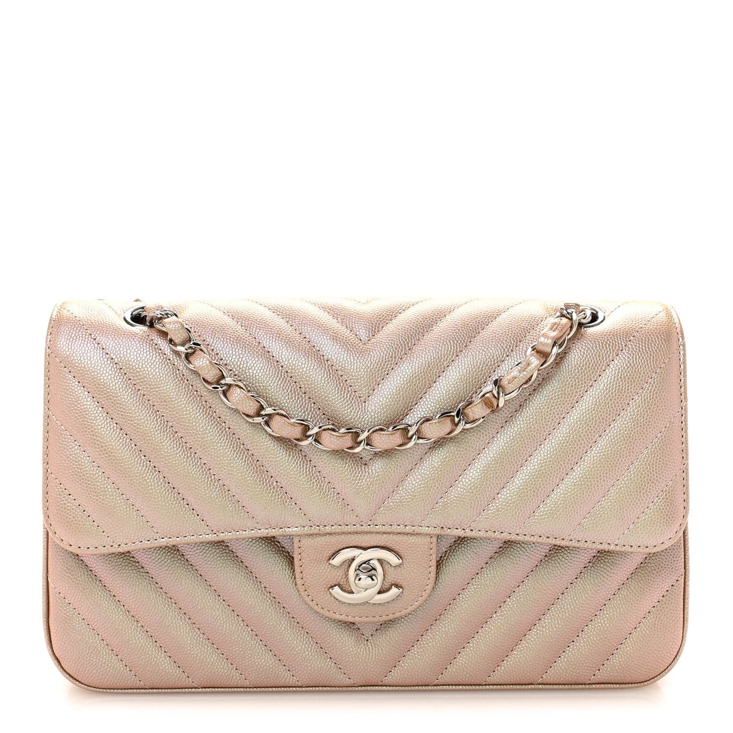 Metallic Caviar Chevron Quilted Medium Double Flap Light Gold