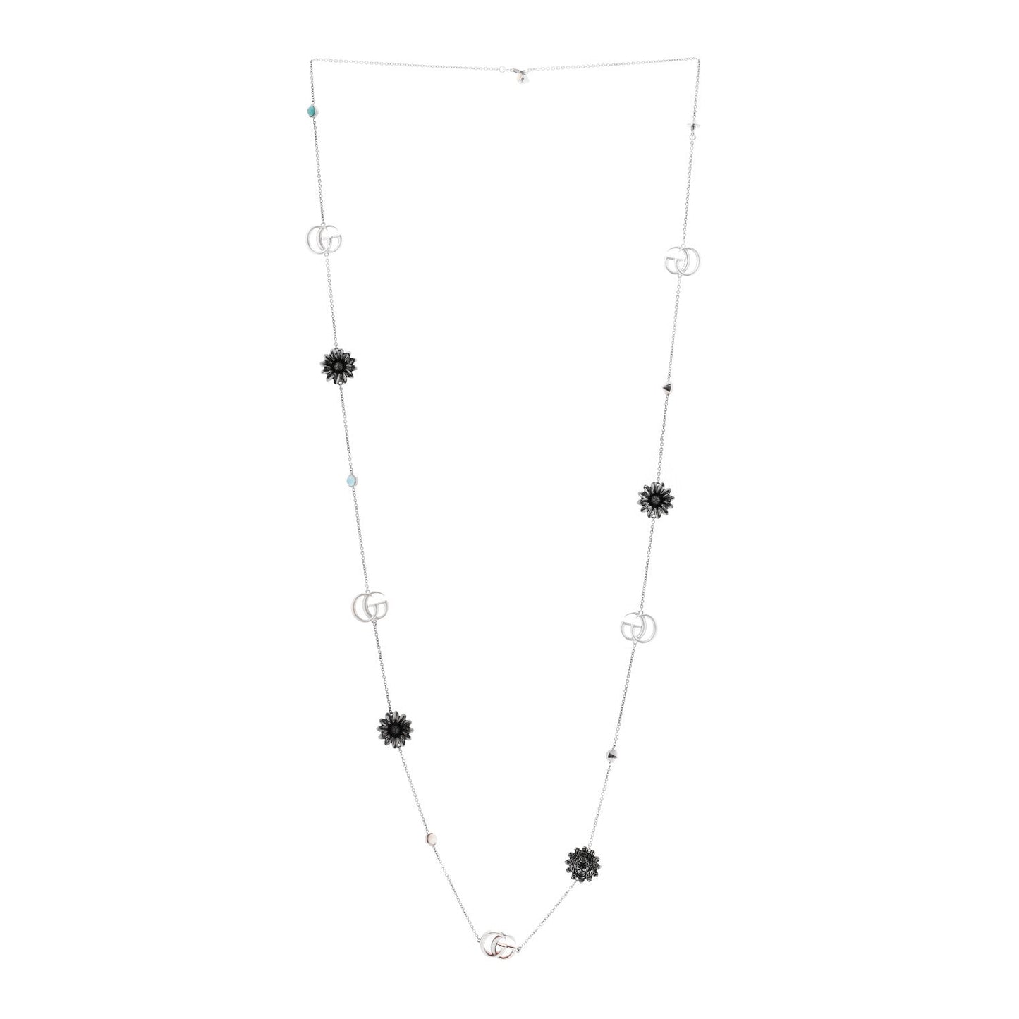 Sterling Silver Mother of Pearl Topaz Turquoise GG Marmont Flower Station Necklace