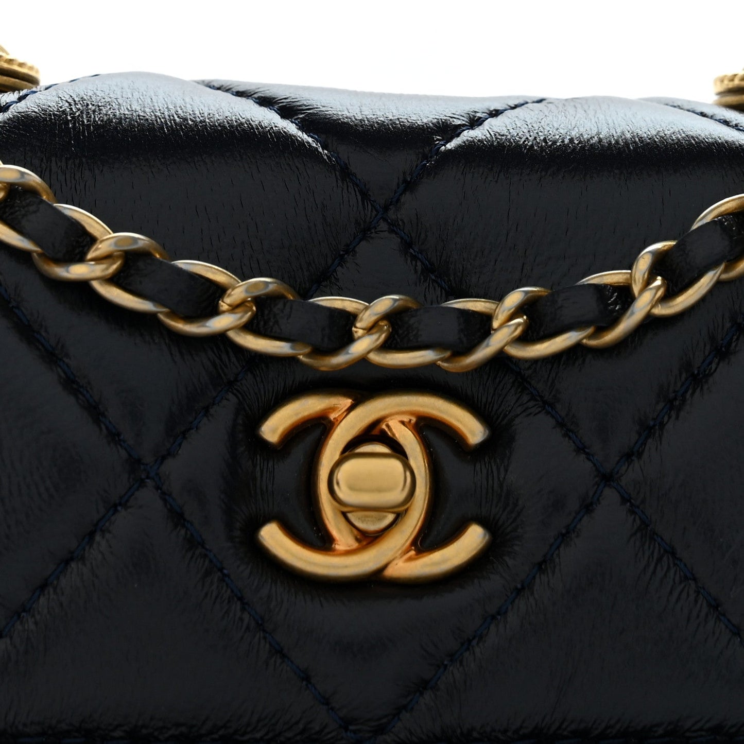 Shiny Lambskin Quilted Extra Mini Flap Navy Blue