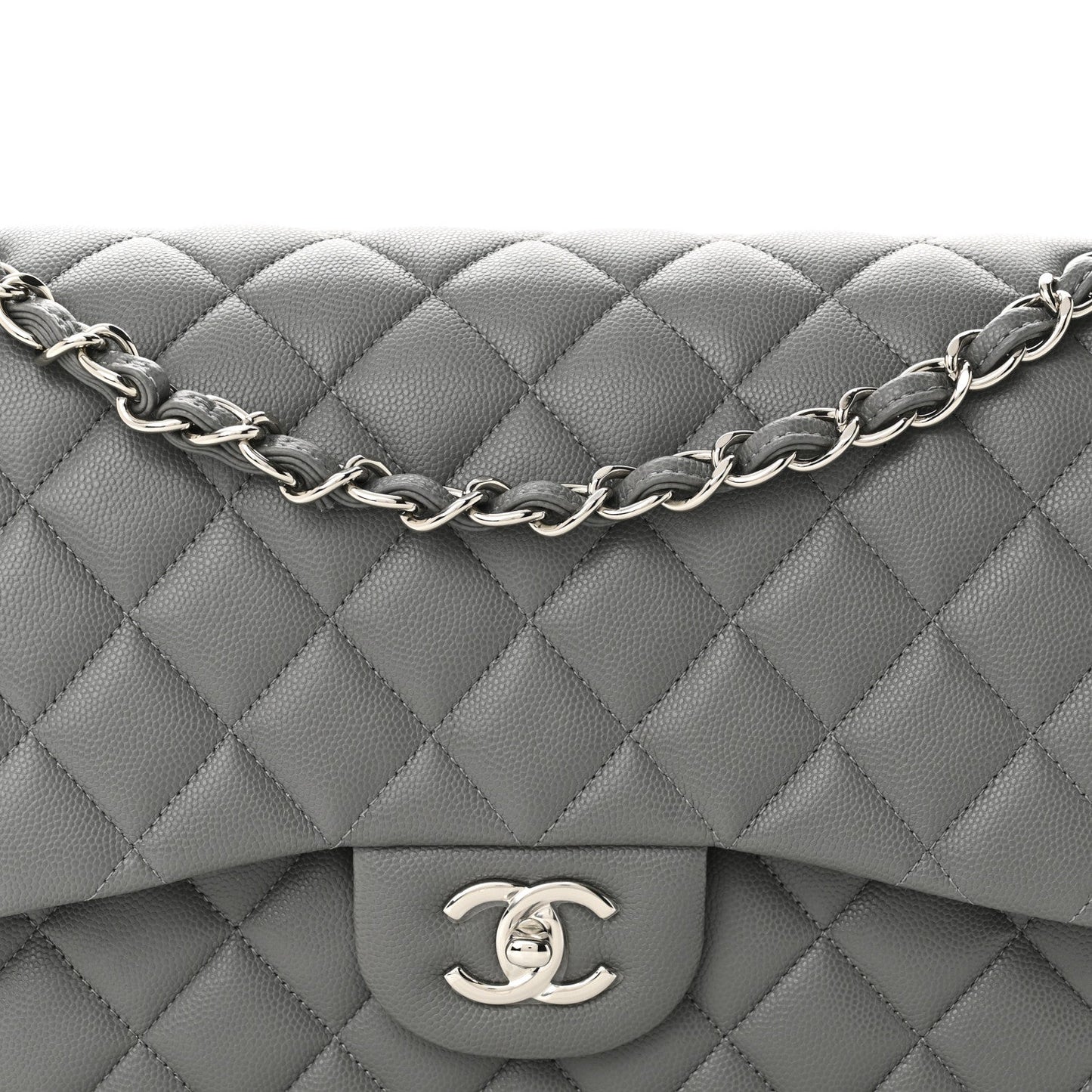 Caviar Quilted Jumbo Double Flap Grey