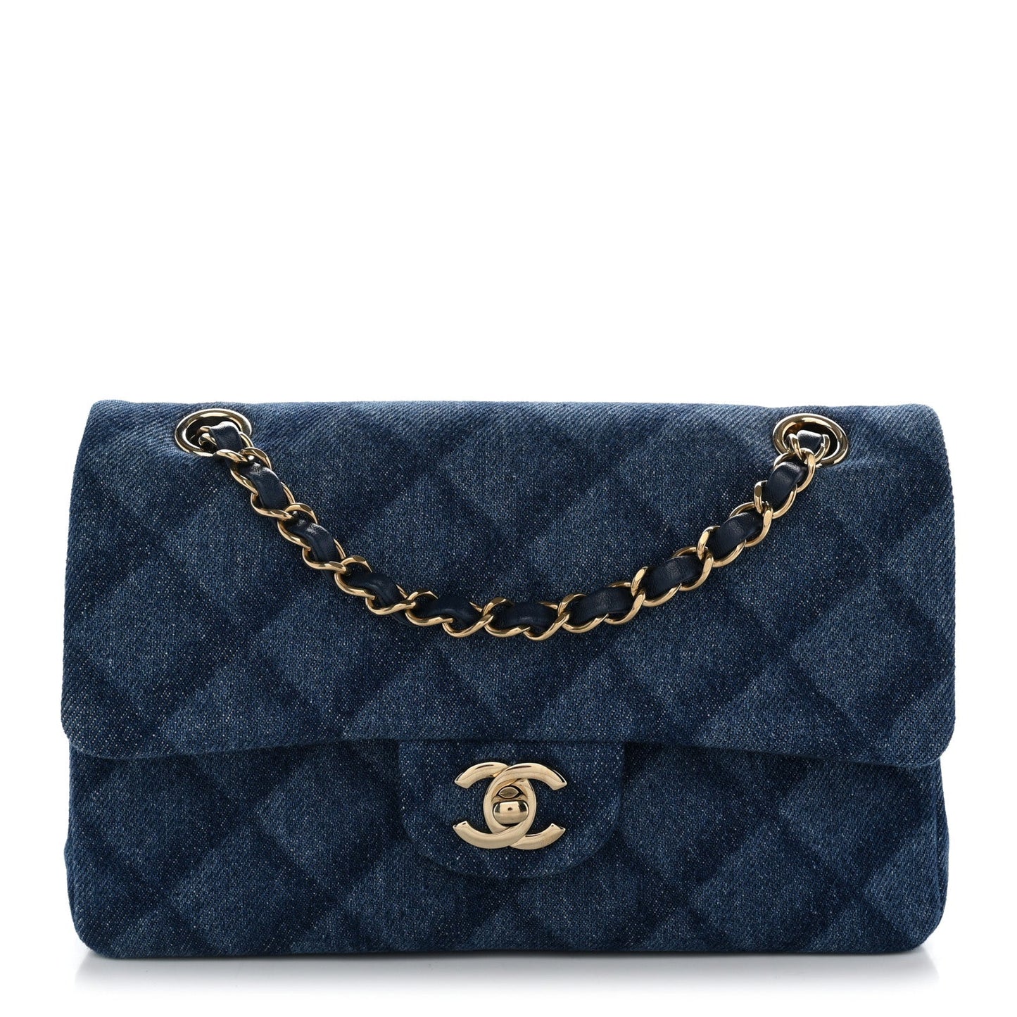 Printed Denim Quilted Small Double Flap Blue