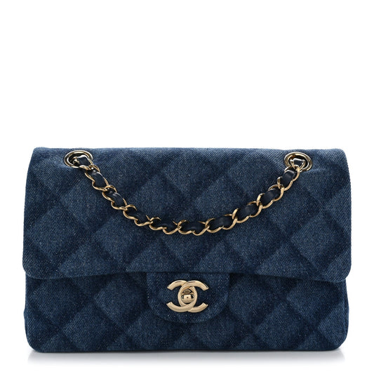 Printed Denim Quilted Small Double Flap Blue