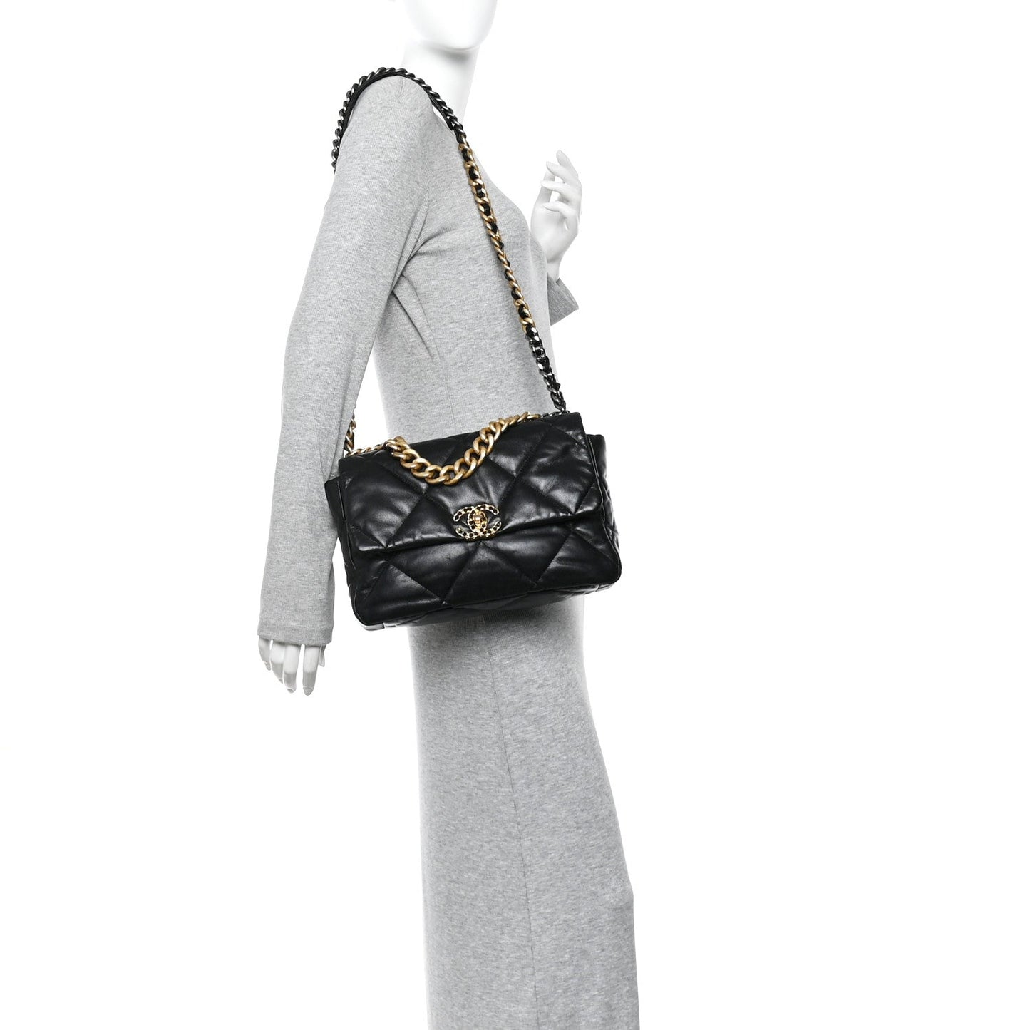 Shiny Goatskin Quilted Large Chanel 19 Flap Black