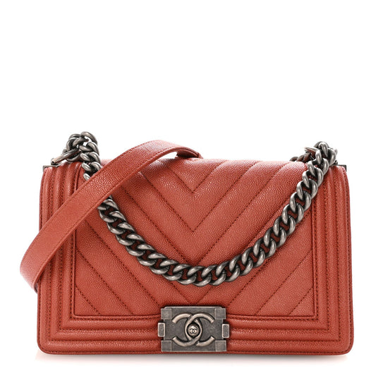Metallic Caviar Chevron Quilted Medium Boy Flap Orange