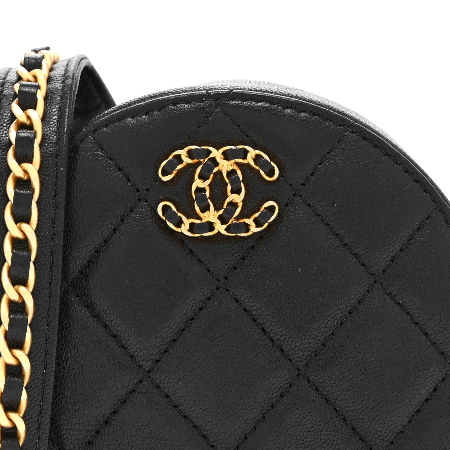 Goatskin Quilted Chanel 19 Round Clutch With Chain Black Black