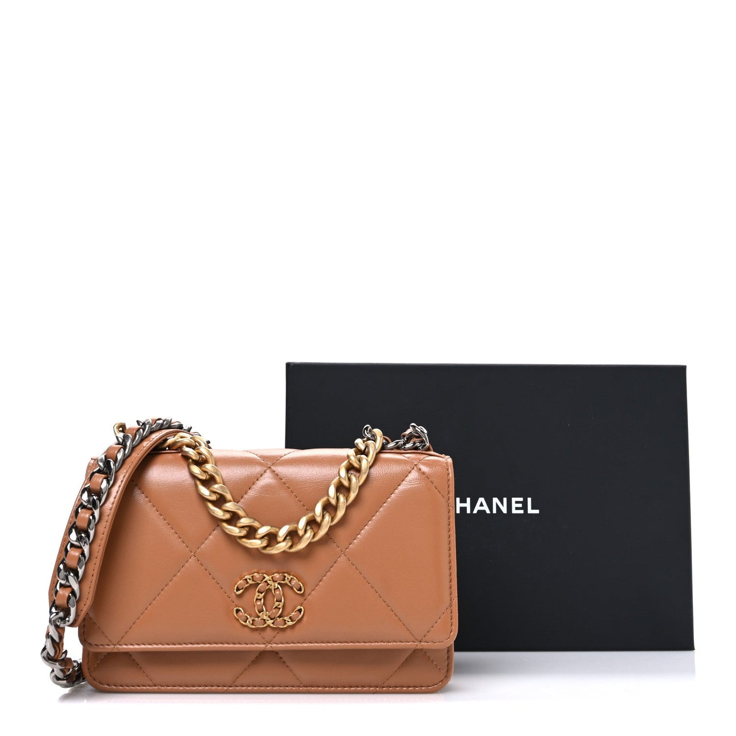 Lambskin Quilted Chanel 19 Wallet On Chain WOC Brown