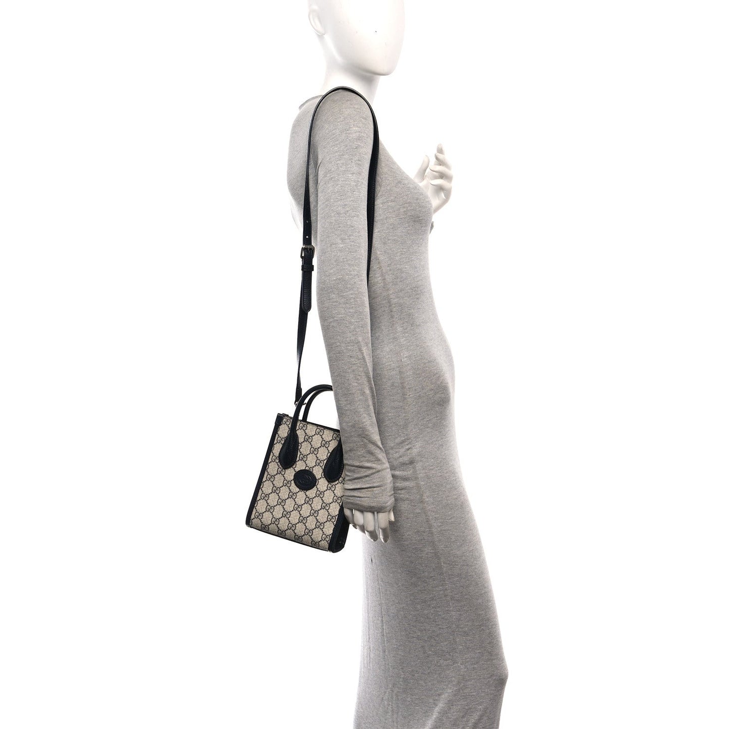 GG Supreme Monogram Textured Dollar Calfskin Mini Retro Interlocking G Tote Bag Beige Blue