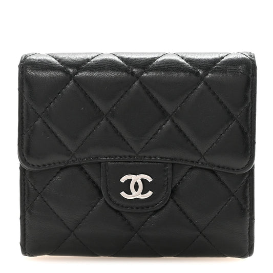 Lambskin Quilted Compact Flap Wallet Black