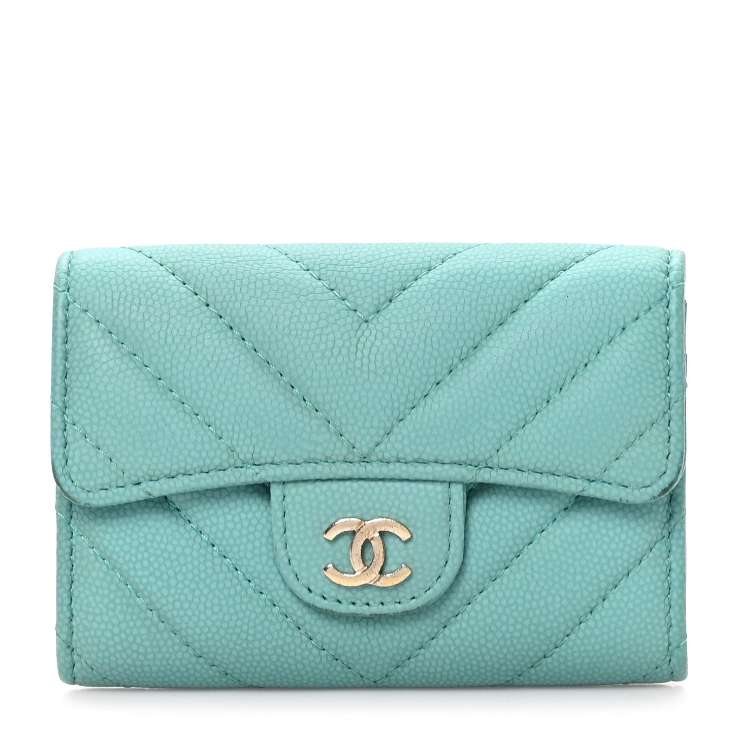 Caviar Flat Chevron Quilted Flap Card Holder Green