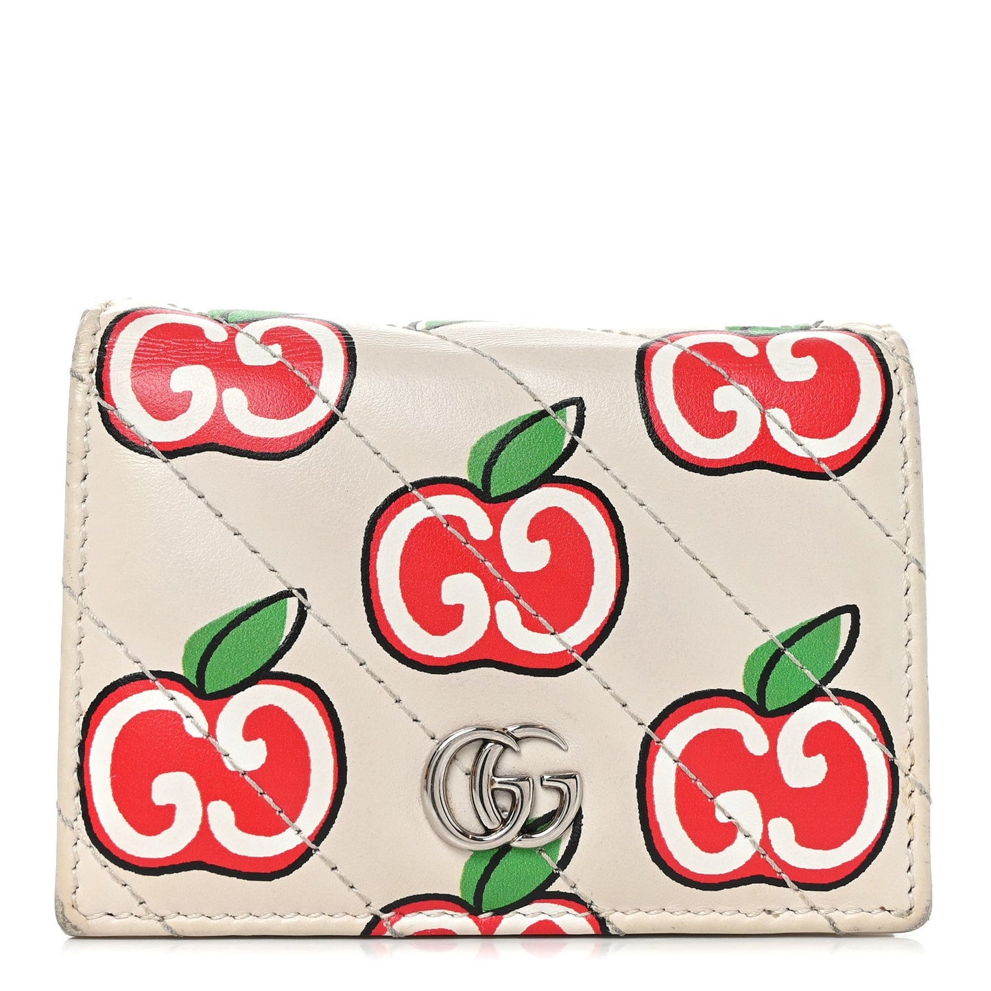 Calfskin Matelasse Diagonal GG Apple GG Marmont Card Case Wallet Ivory