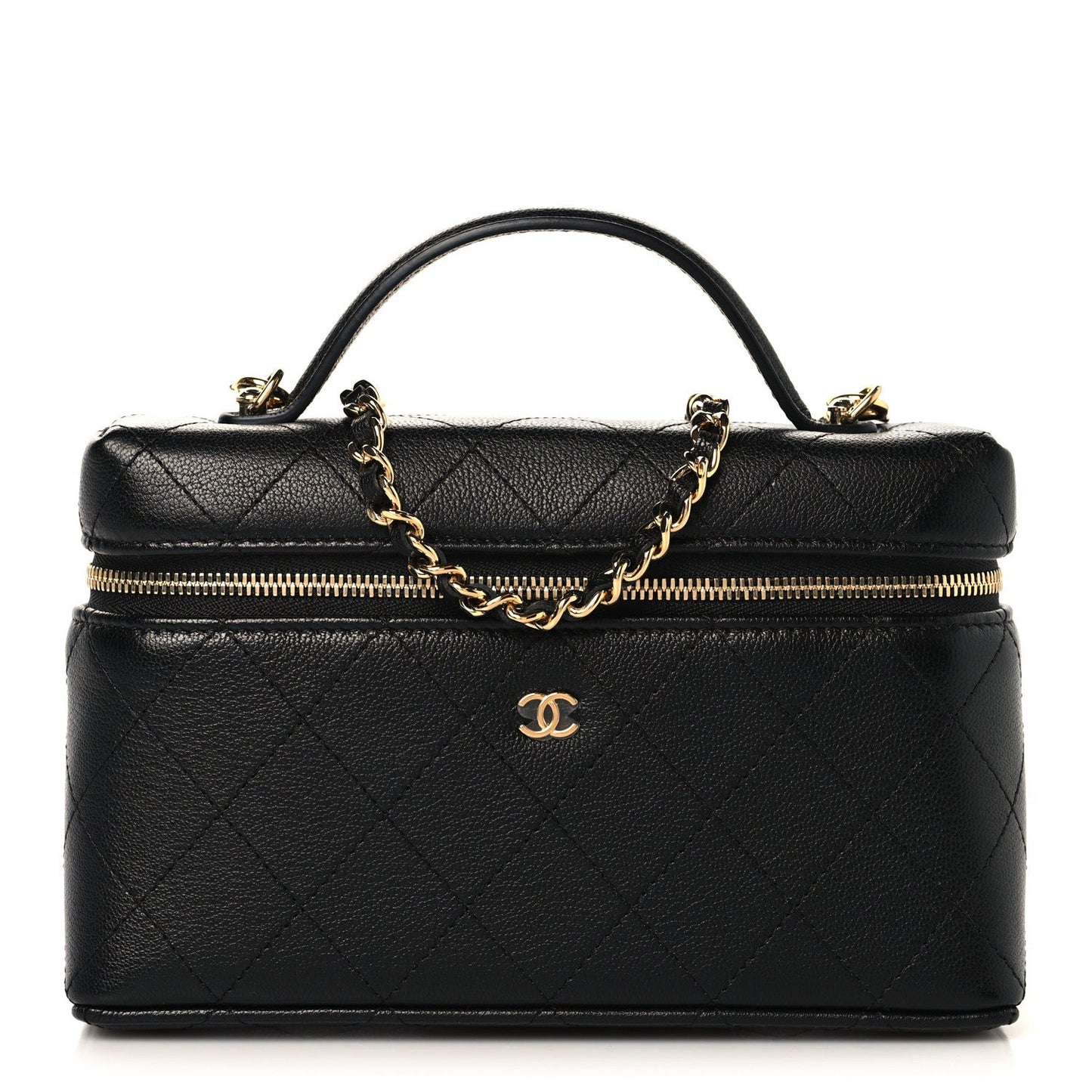 Goatskin Stitched Top Handle Slim Vanity With Chain Black
