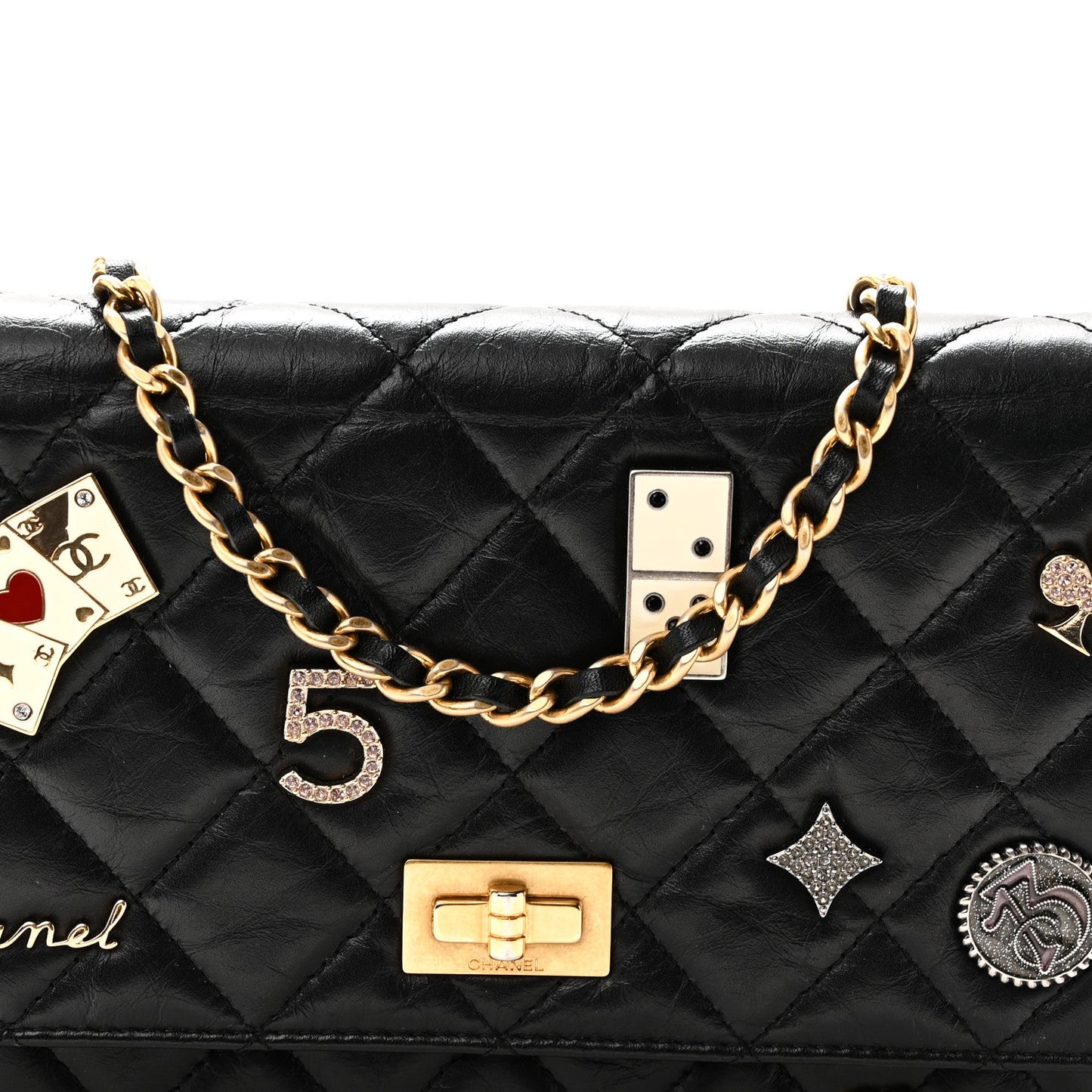 Aged Calfskin Lucky Charms Casino 2.55 Reissue Wallet on Chain WOC Black