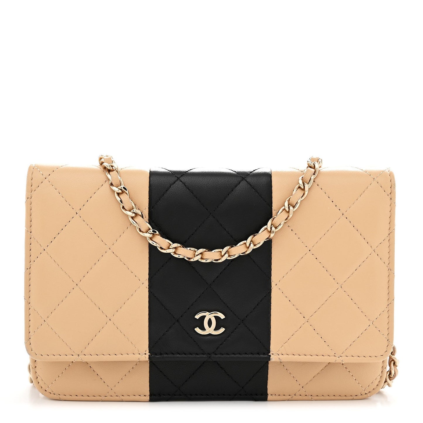 Lambskin Quilted Wallet On Chain WOC Beige Black