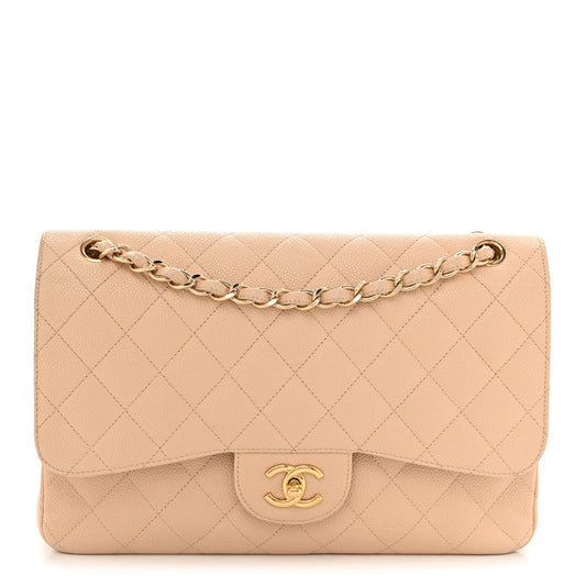 Caviar Quilted Jumbo Double Flap Beige Clair