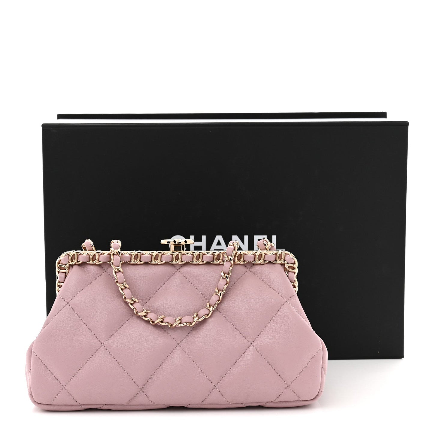 Lambskin Quilted Chain Frame Clutch Pink