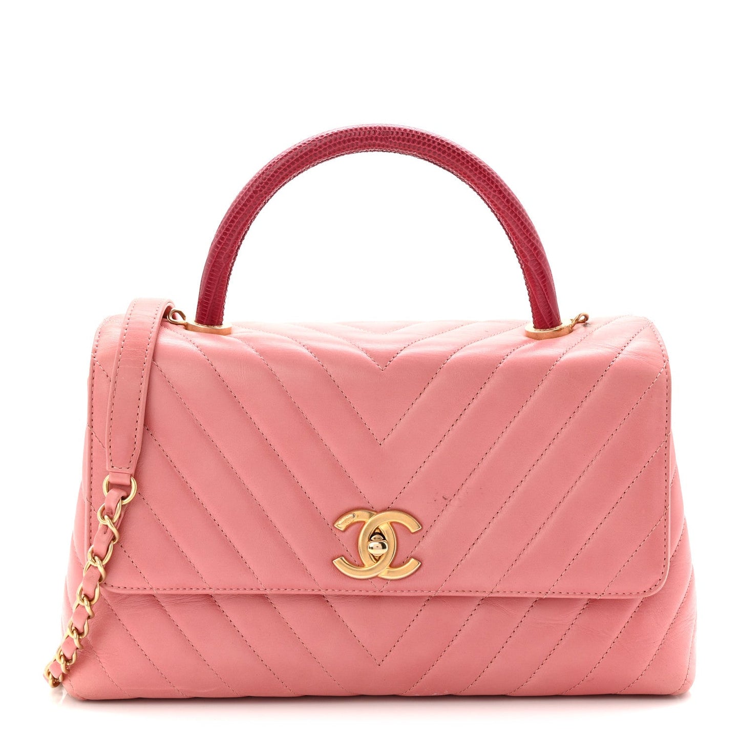 Calfskin Lizard Chevron Quilted Small Coco Handle Flap Pink