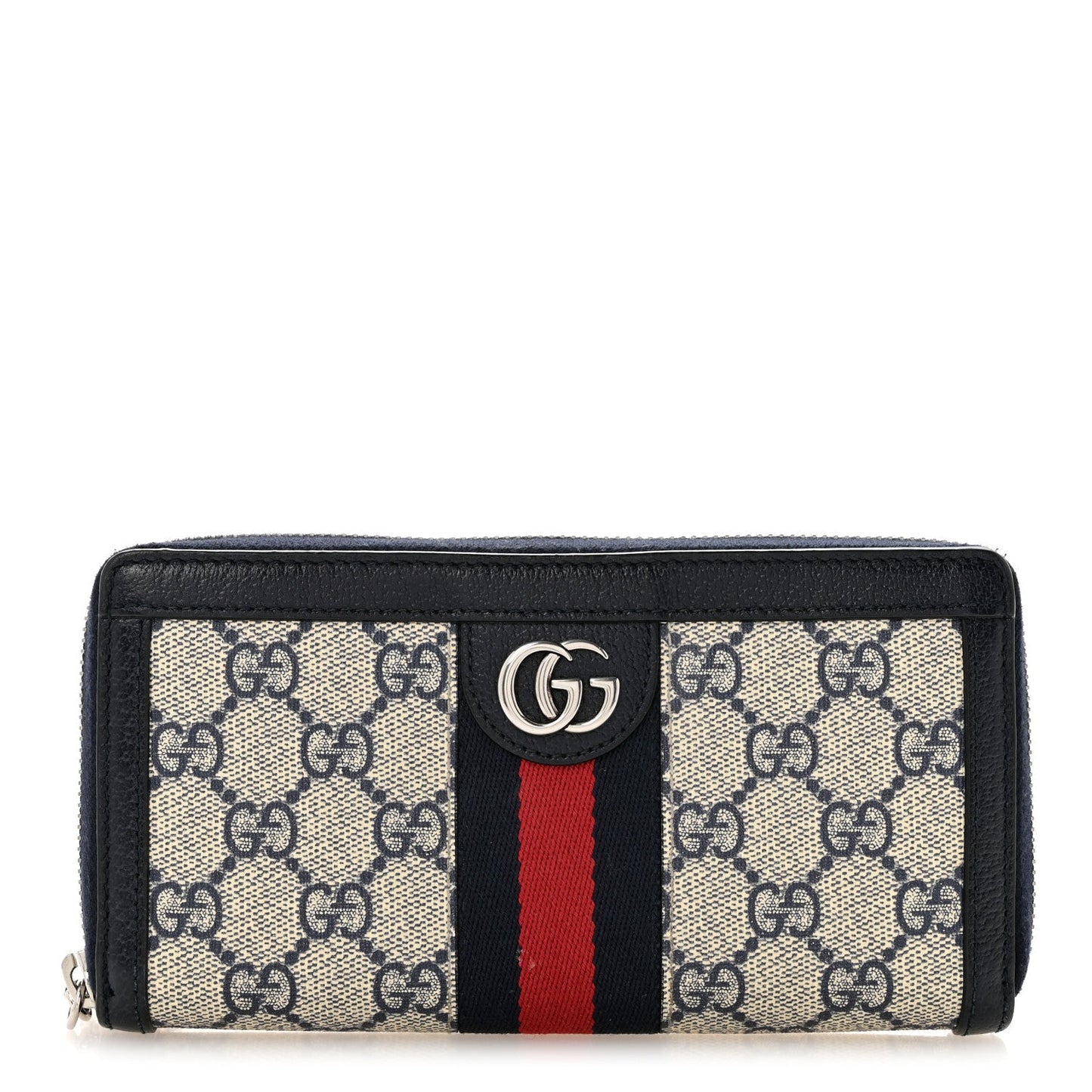 GG Supreme Monogram Textured Dollar Calfskin Web Ophidia Zip Around Wallet Beige Blue