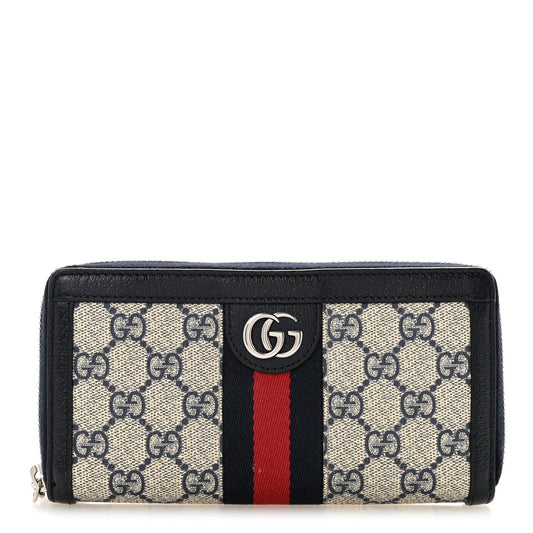 GG Supreme Monogram Textured Dollar Calfskin Web Ophidia Zip Around Wallet Beige Blue