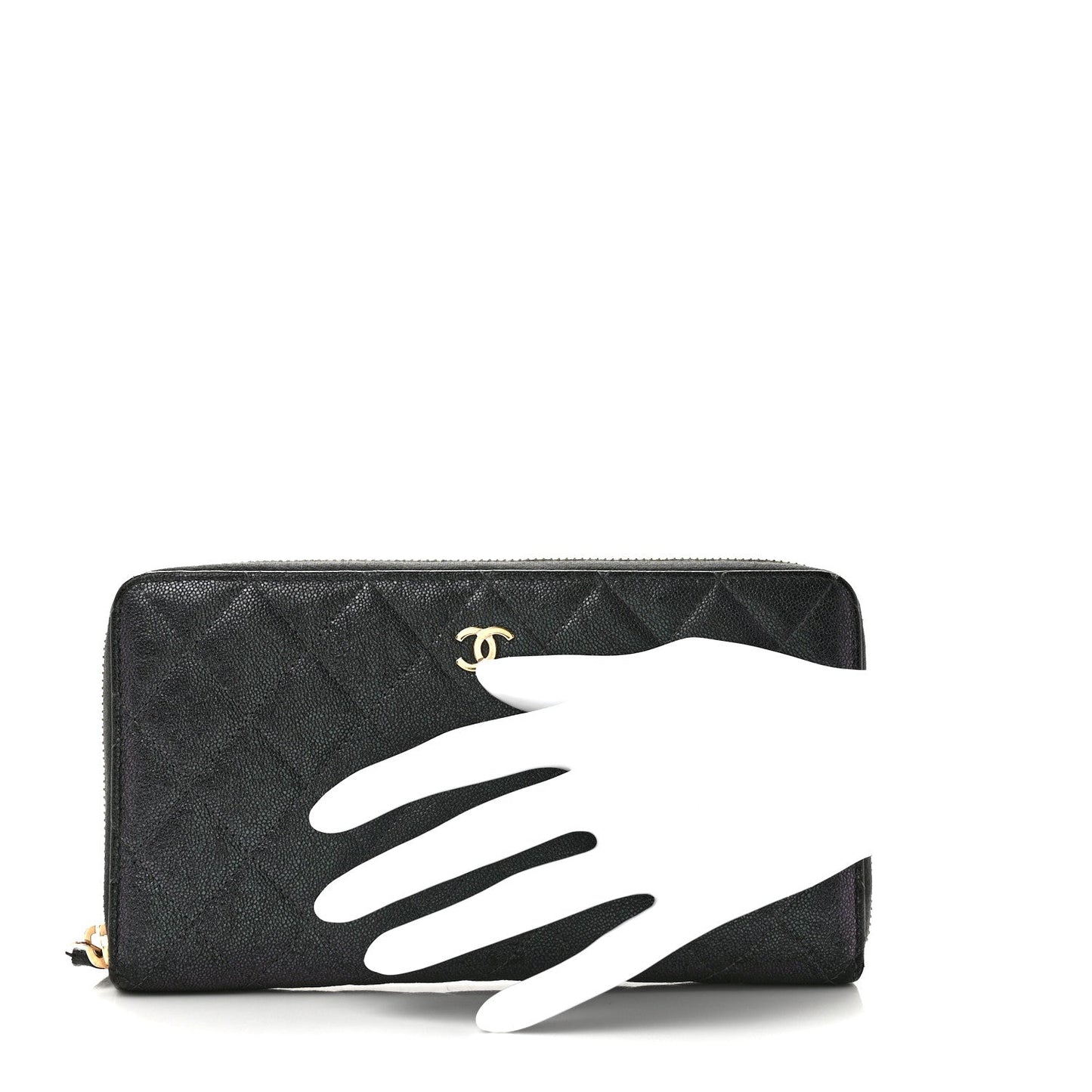 Iridescent Caviar Quilted Large Zip Around Organizer Wallet Black