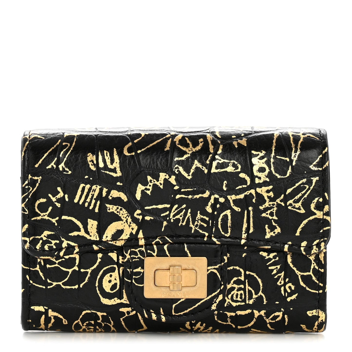 Calfskin Crocodile Embossed Graffiti 2.55 Crocodile Reissue Flap Card Holder Black Gold