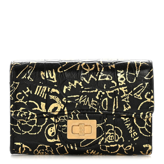 Calfskin Crocodile Embossed Graffiti 2.55 Crocodile Reissue Flap Card Holder Black Gold