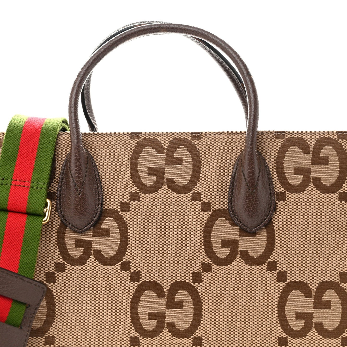 Monogram Jumbo GG Textured Dollar Calfskin Web Tote Bag Camel Ebony New Acero