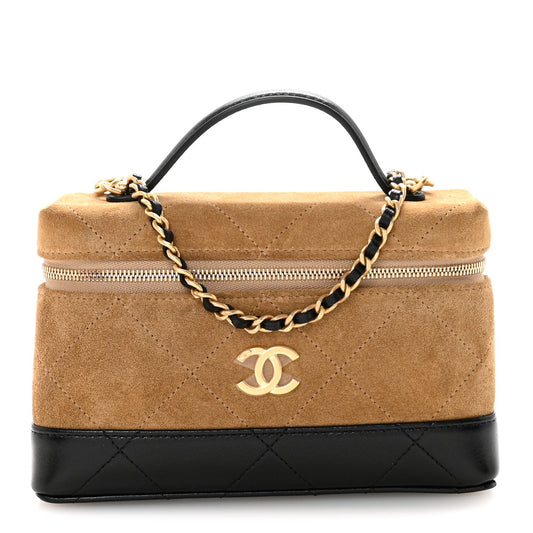 Suede Calfskin Shiny Lambskin Quilted Top Handle Slim Vanity Case With Chain Beige Black