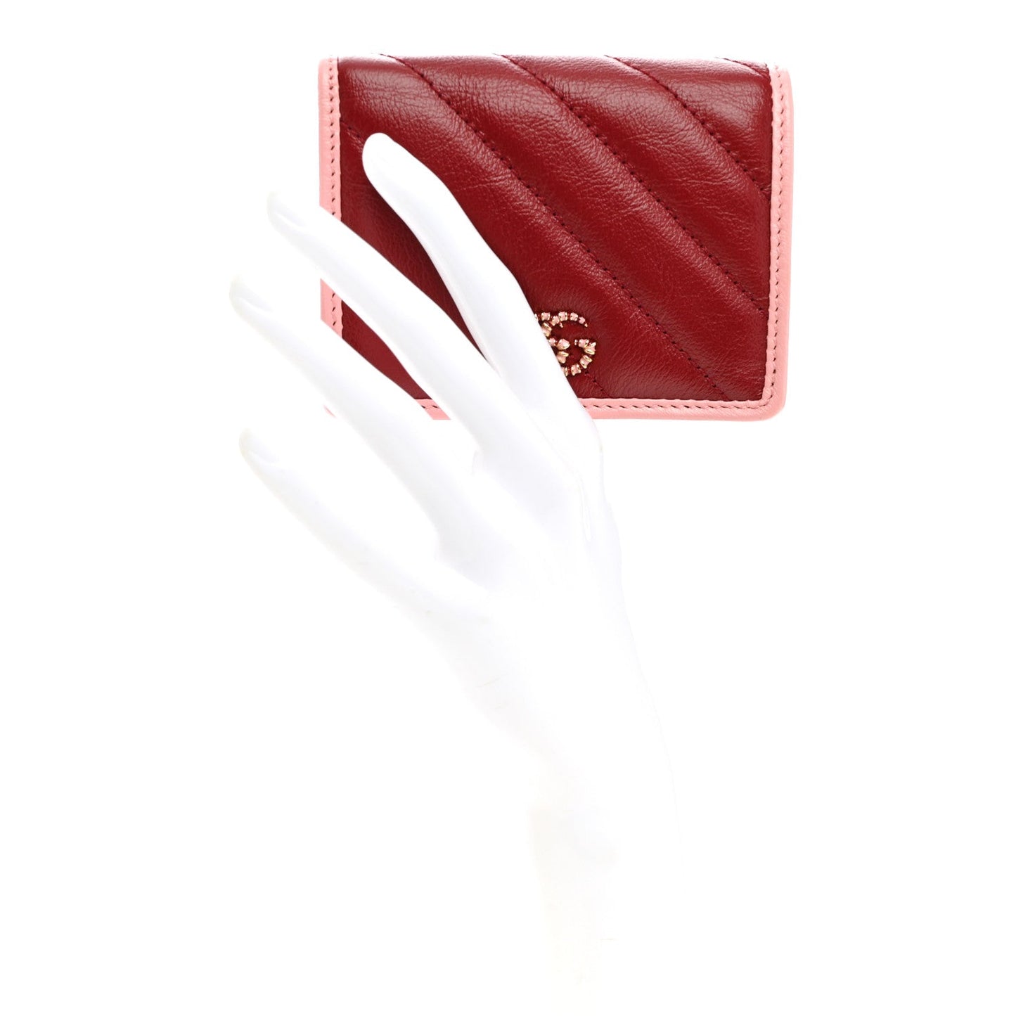 Azalea Calfskin Enamel Matelasse Diagonal Torchon GG Marmont Card Case New Cherry Red Wild Rose
